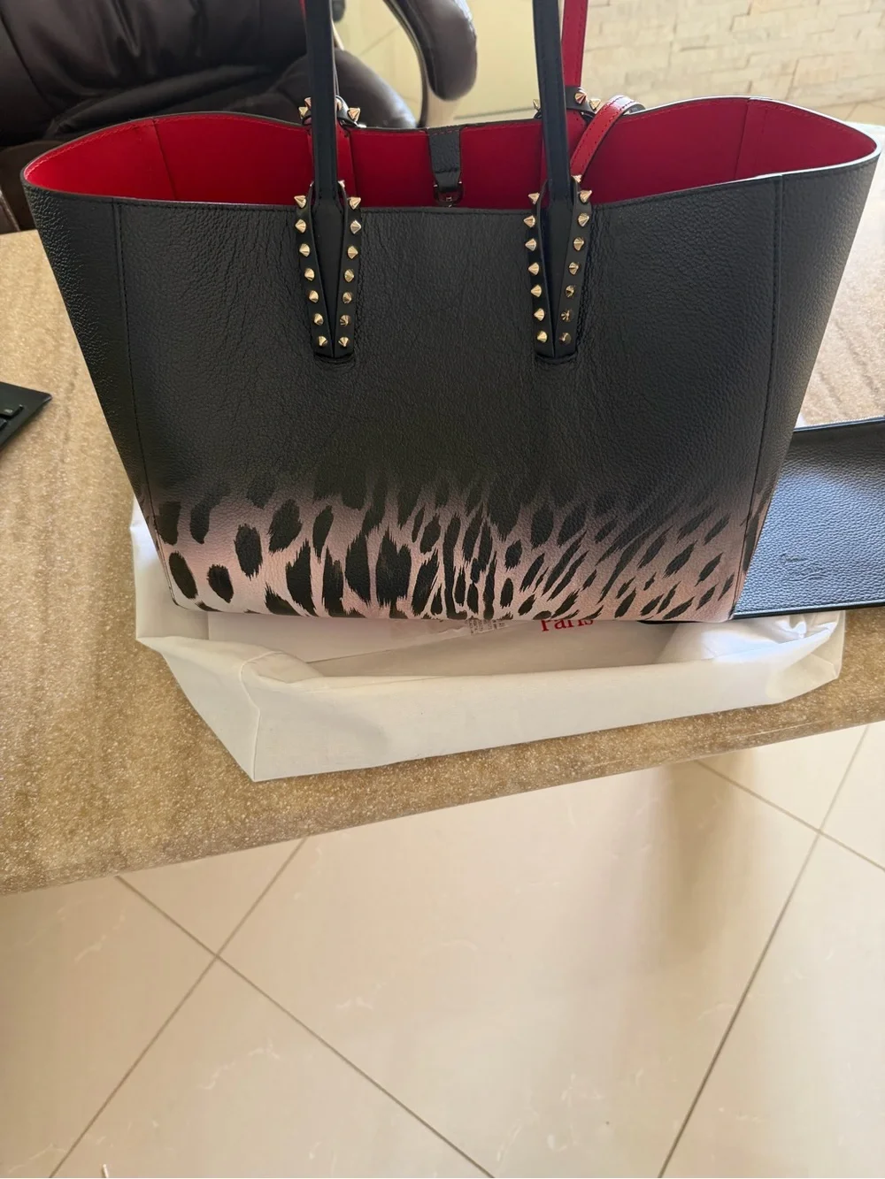 Christian Louboutin Black Tote with Red Interior and Leopard-Print Accent